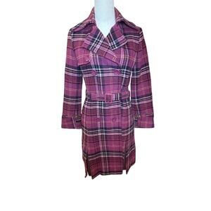Giorzio Women's Plaid Belted Plum Trench Coat Size S Mid-Length double breasted